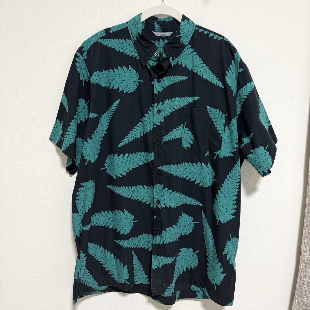 Kinolau Manaola Mens Hawaiian Aloha Button Up Shirt XL Black Green Fern Print